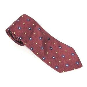 100% Silk Necktie Tom James - Maroon with Blue White Gold Square/ Diamond Shapes